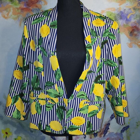 ROZ and Ali Women's Life and Lemons Print Blazer Jacket Striped Size L - Picture 4 of 8